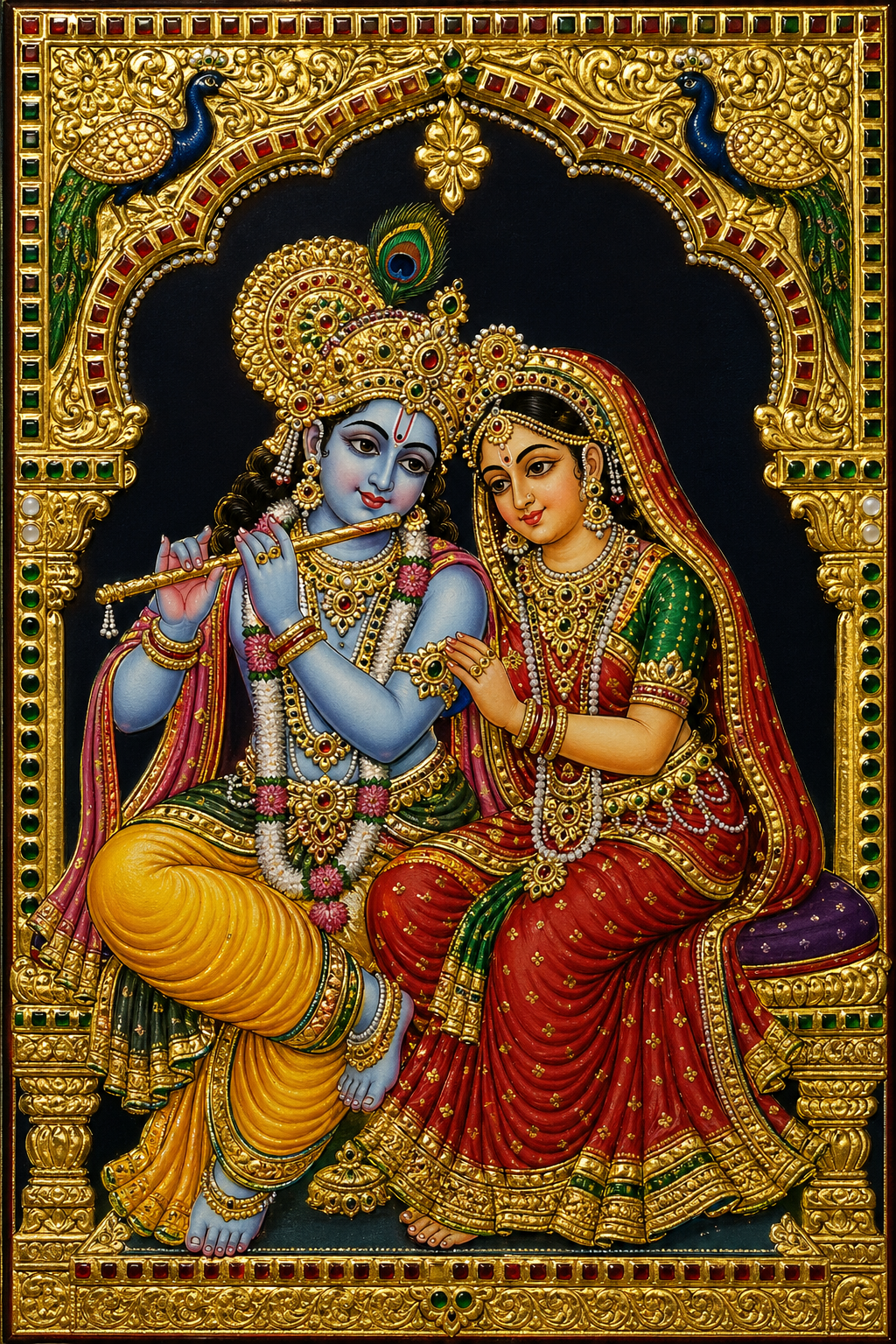 Radha Krishna in traditional Tanjore painting style with gold foil, gem-studded jewelry, and decorative arch frame